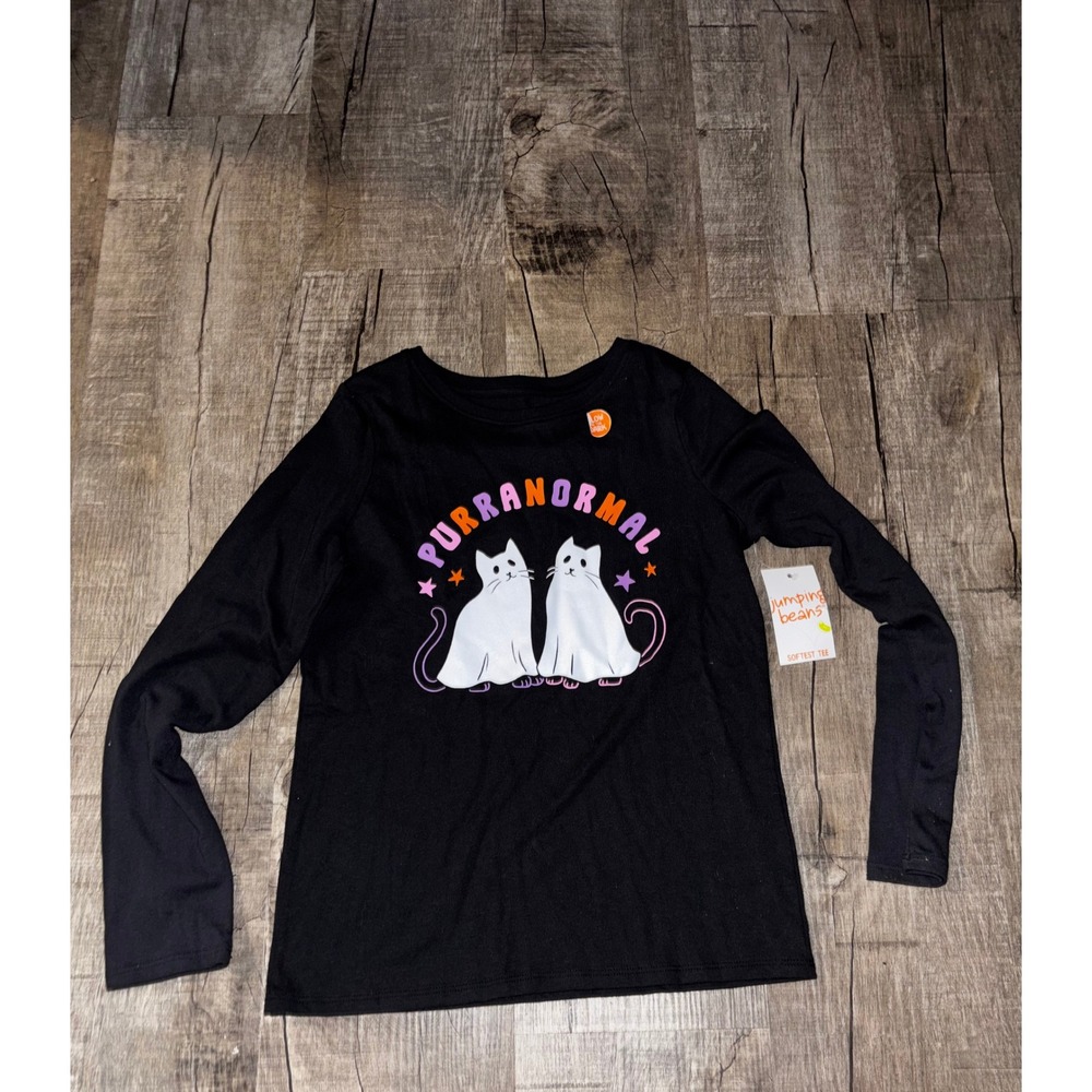 Jumping Beans Girls Black Purranormal Ghost Cat Glow In The Dark Shirt Sz 10 NEW